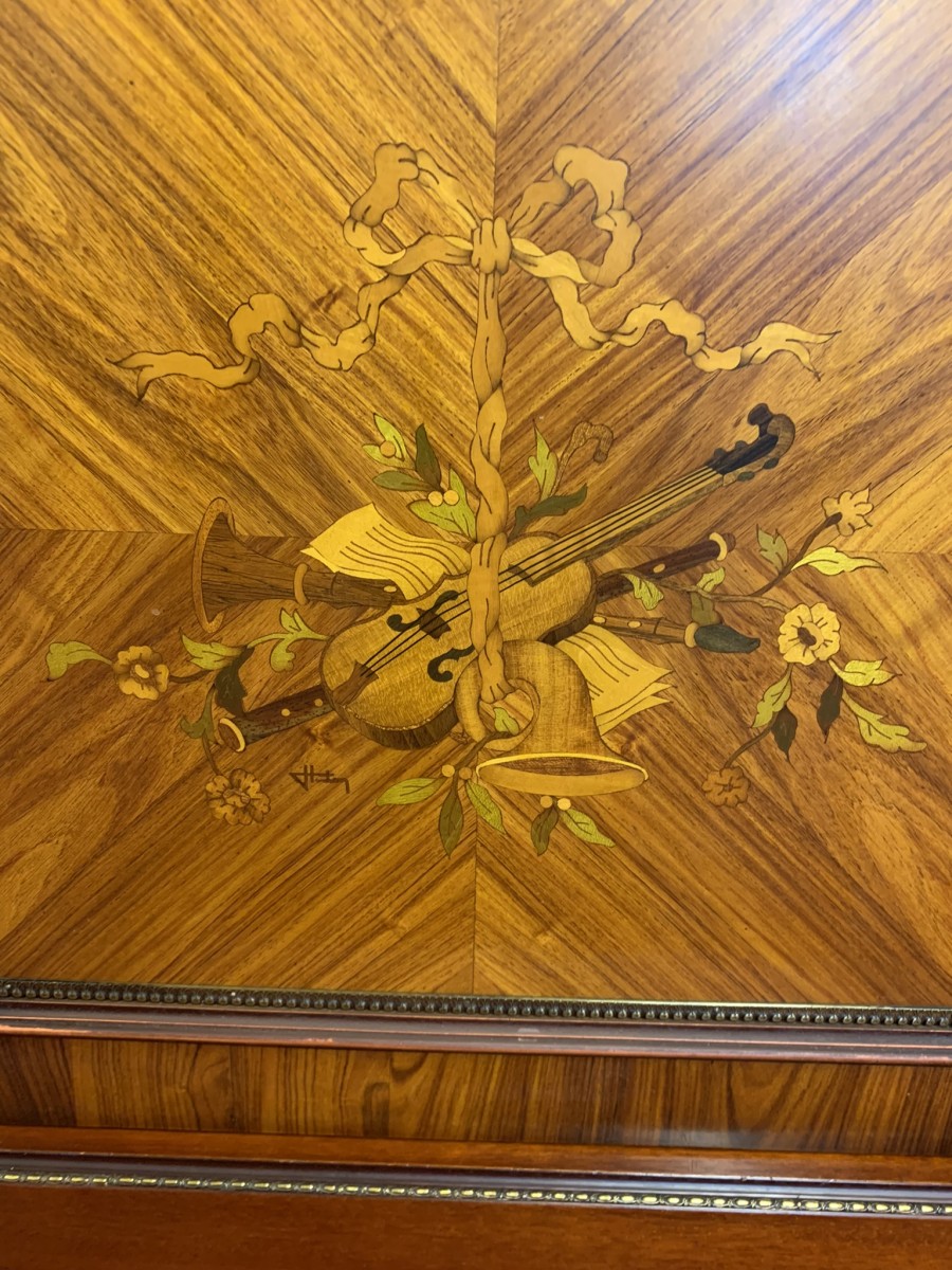 French Shaped Marquetry Inlaid Walnut & Ormolu Marble Top Credenza/sideboard - Image 2