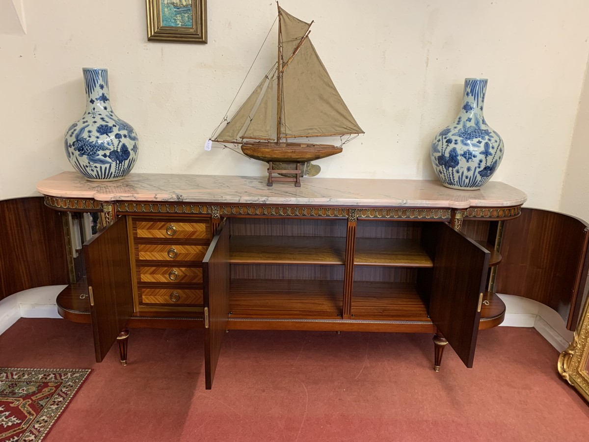 French Shaped Marquetry Inlaid Walnut & Ormolu Marble Top Credenza/sideboard - Image 20