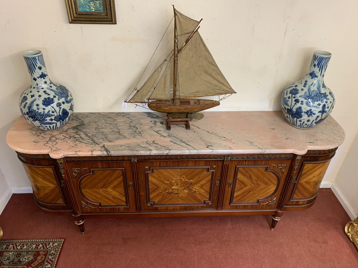 French Shaped Marquetry Inlaid Walnut & Ormolu Marble Top Credenza/sideboard - Image 21
