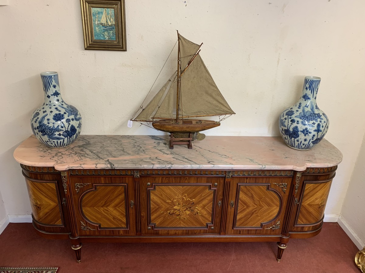 French Shaped Marquetry Inlaid Walnut & Ormolu Marble Top Credenza/sideboard - Image 22