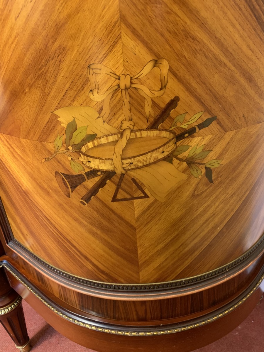 French Shaped Marquetry Inlaid Walnut & Ormolu Marble Top Credenza/sideboard - Image 26