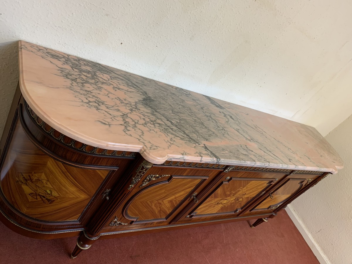 French Shaped Marquetry Inlaid Walnut & Ormolu Marble Top Credenza/sideboard - Image 27