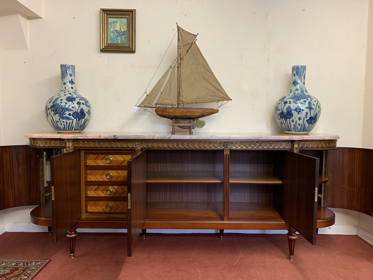 French Shaped Marquetry Inlaid Walnut & Ormolu Marble Top Credenza/sideboard - Image 28