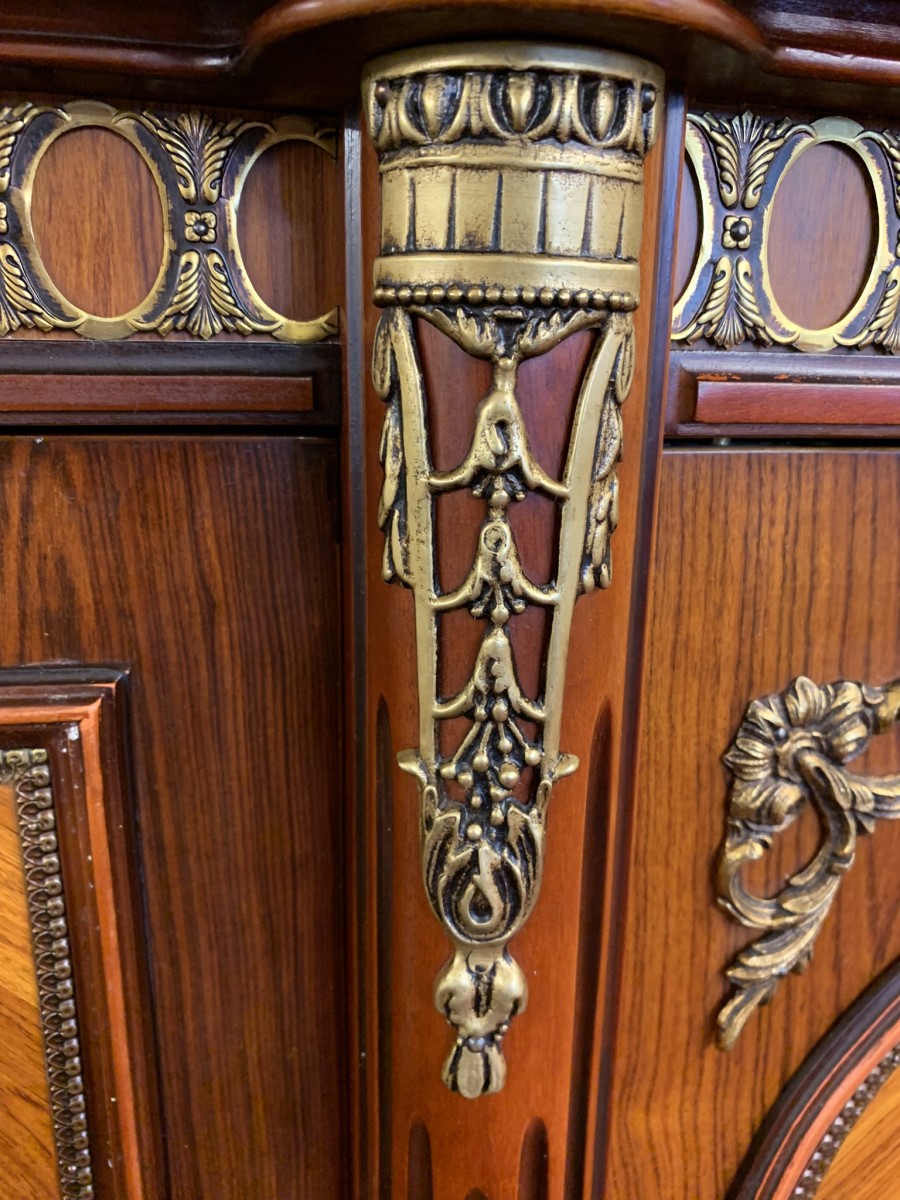 French Shaped Marquetry Inlaid Walnut & Ormolu Marble Top Credenza/sideboard - Image 29
