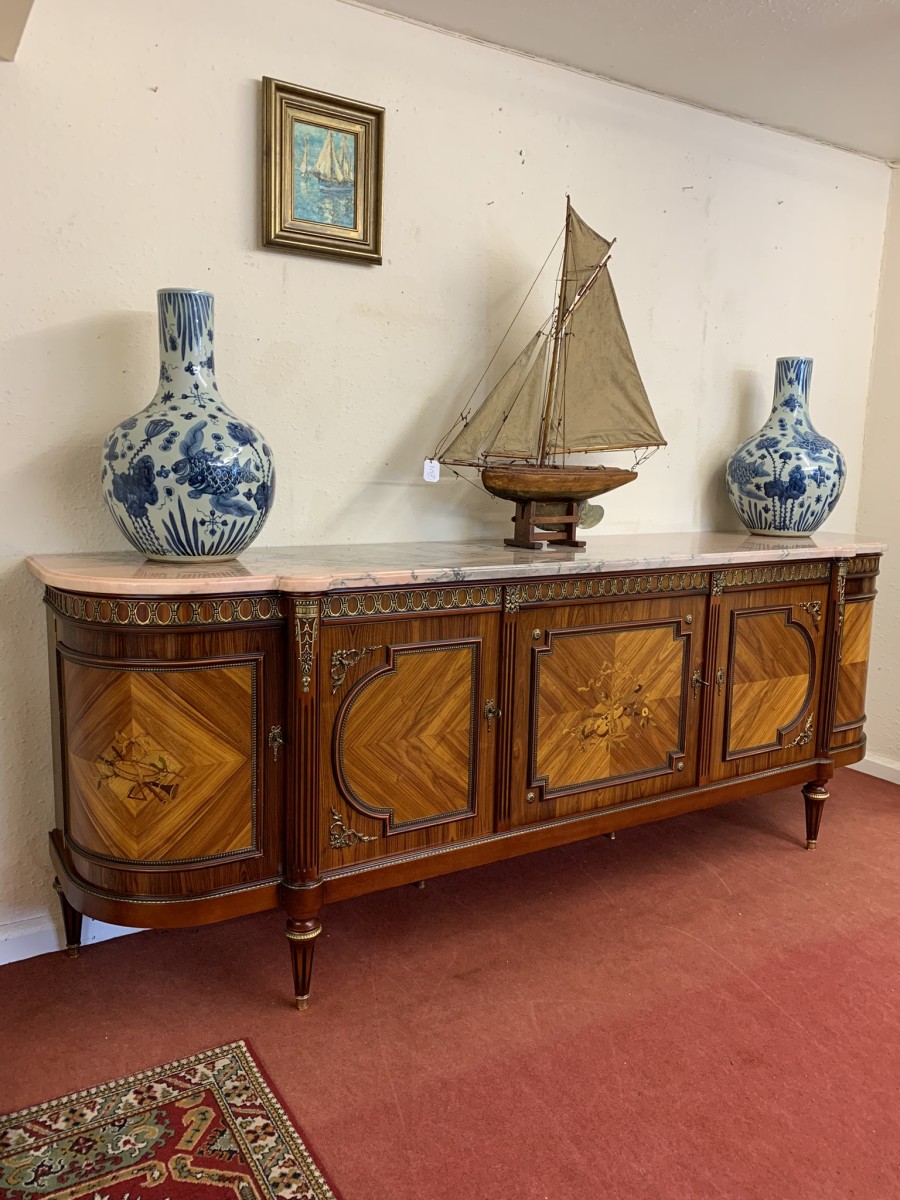 French Shaped Marquetry Inlaid Walnut & Ormolu Marble Top Credenza/sideboard - Image 3