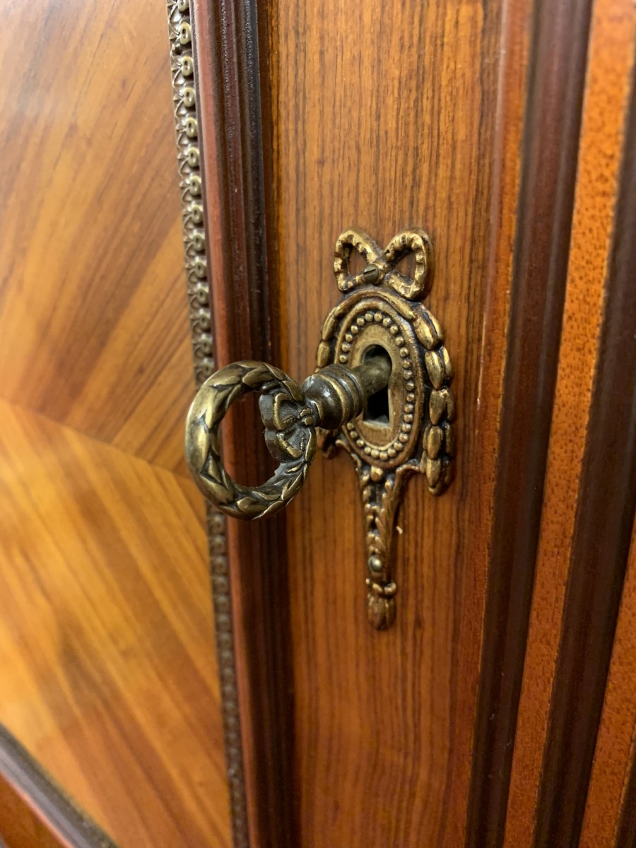 French Shaped Marquetry Inlaid Walnut & Ormolu Marble Top Credenza/sideboard - Image 30