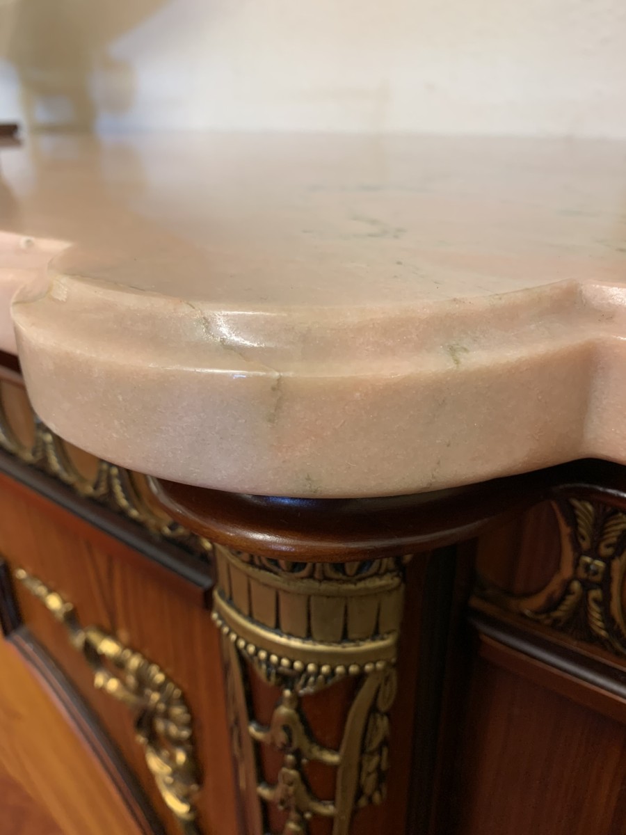 French Shaped Marquetry Inlaid Walnut & Ormolu Marble Top Credenza/sideboard - Image 31