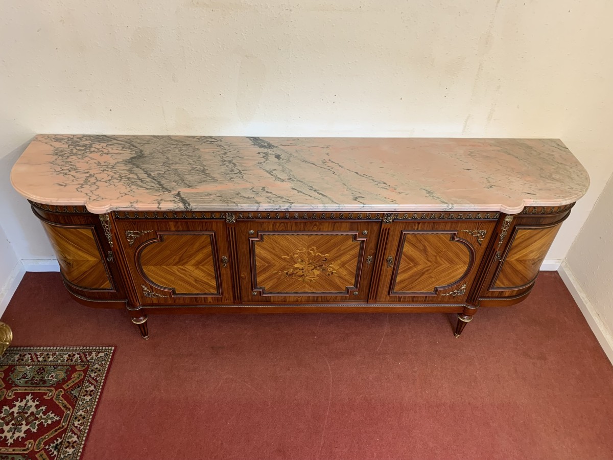 French Shaped Marquetry Inlaid Walnut & Ormolu Marble Top Credenza/sideboard - Image 34