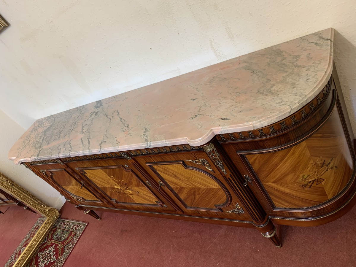 French Shaped Marquetry Inlaid Walnut & Ormolu Marble Top Credenza/sideboard - Image 35