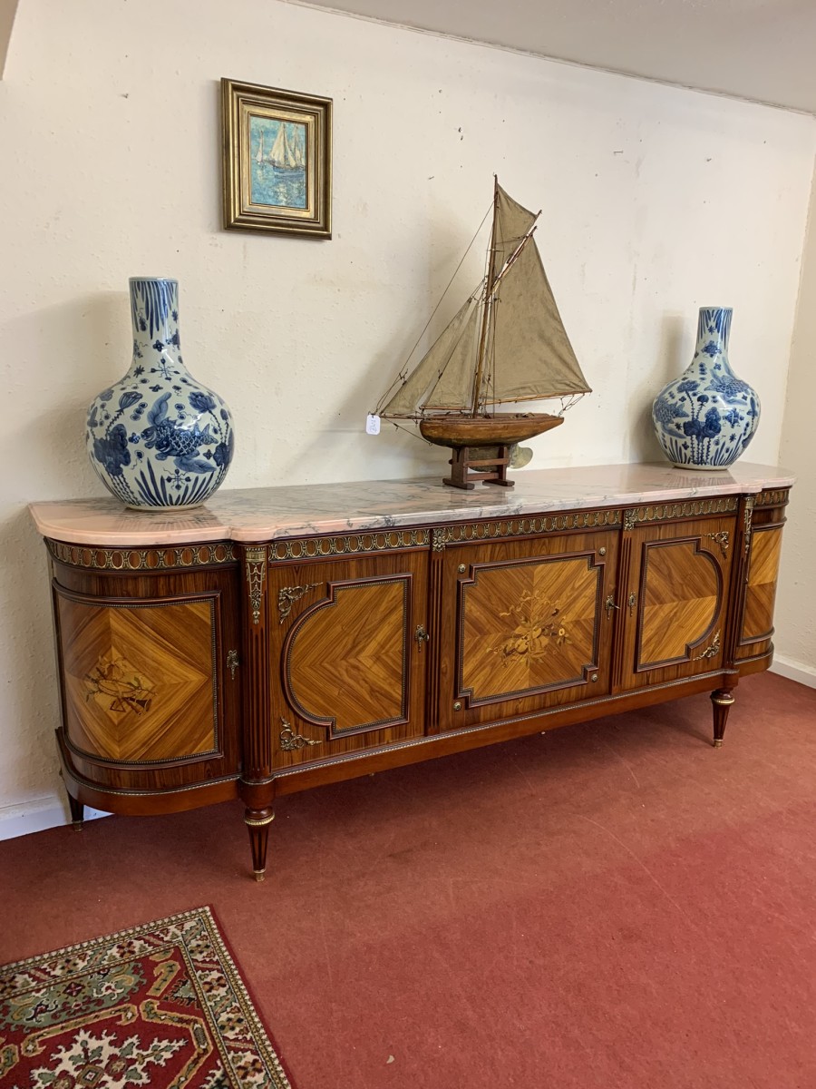 French Shaped Marquetry Inlaid Walnut & Ormolu Marble Top Credenza/sideboard - Image 4