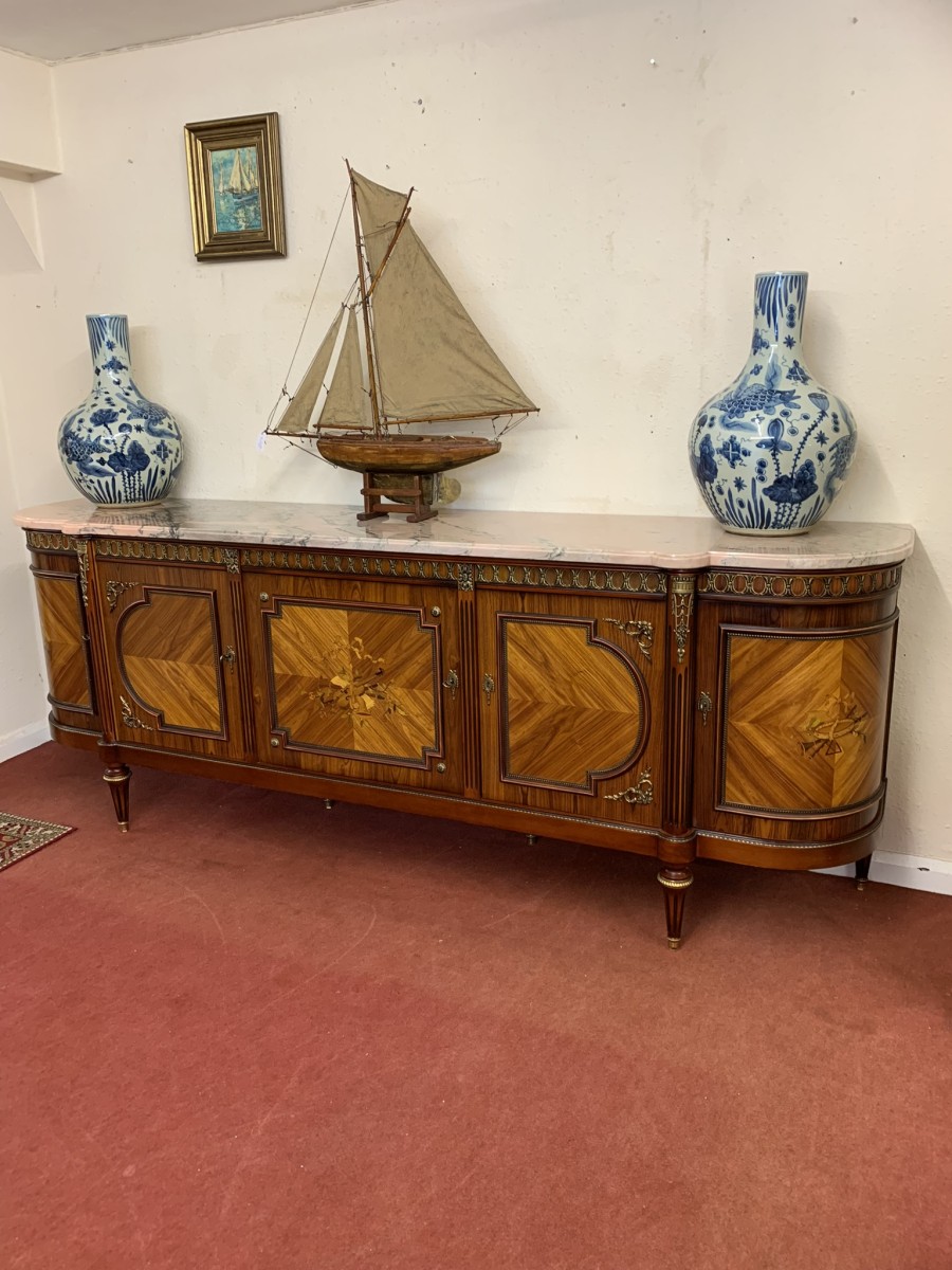 French Shaped Marquetry Inlaid Walnut & Ormolu Marble Top Credenza/sideboard - Image 5