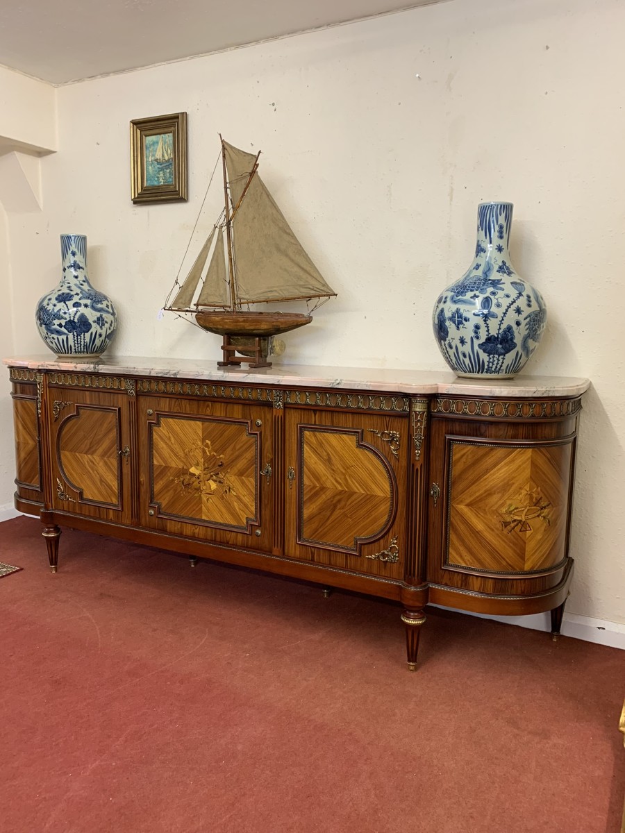French Shaped Marquetry Inlaid Walnut & Ormolu Marble Top Credenza/sideboard - Image 6