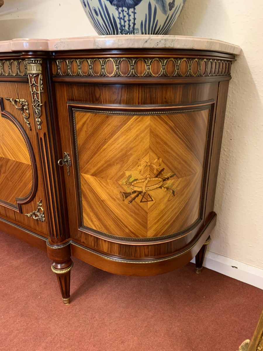French Shaped Marquetry Inlaid Walnut & Ormolu Marble Top Credenza/sideboard - Image 7