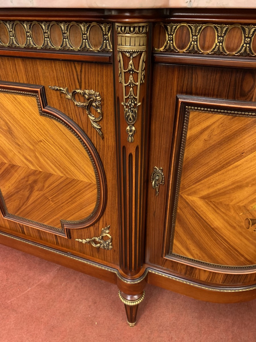 French Shaped Marquetry Inlaid Walnut & Ormolu Marble Top Credenza/sideboard - Image 8