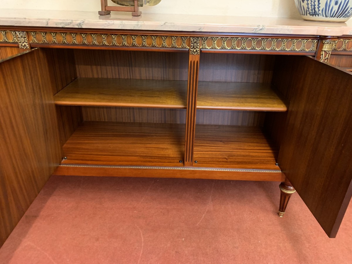 French Shaped Marquetry Inlaid Walnut & Ormolu Marble Top Credenza/sideboard - Image 9