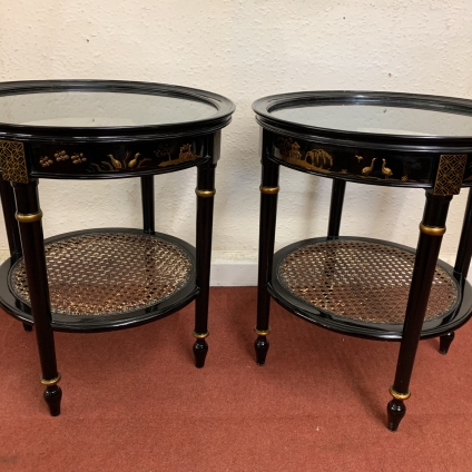 Stylish Pair Of French Ebony Chinoiserie Decorated Round Glass Top Tables - Now Sold