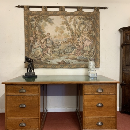 Outstanding Quality Antique Oak Leather Topped Industrial Pedestal Desk