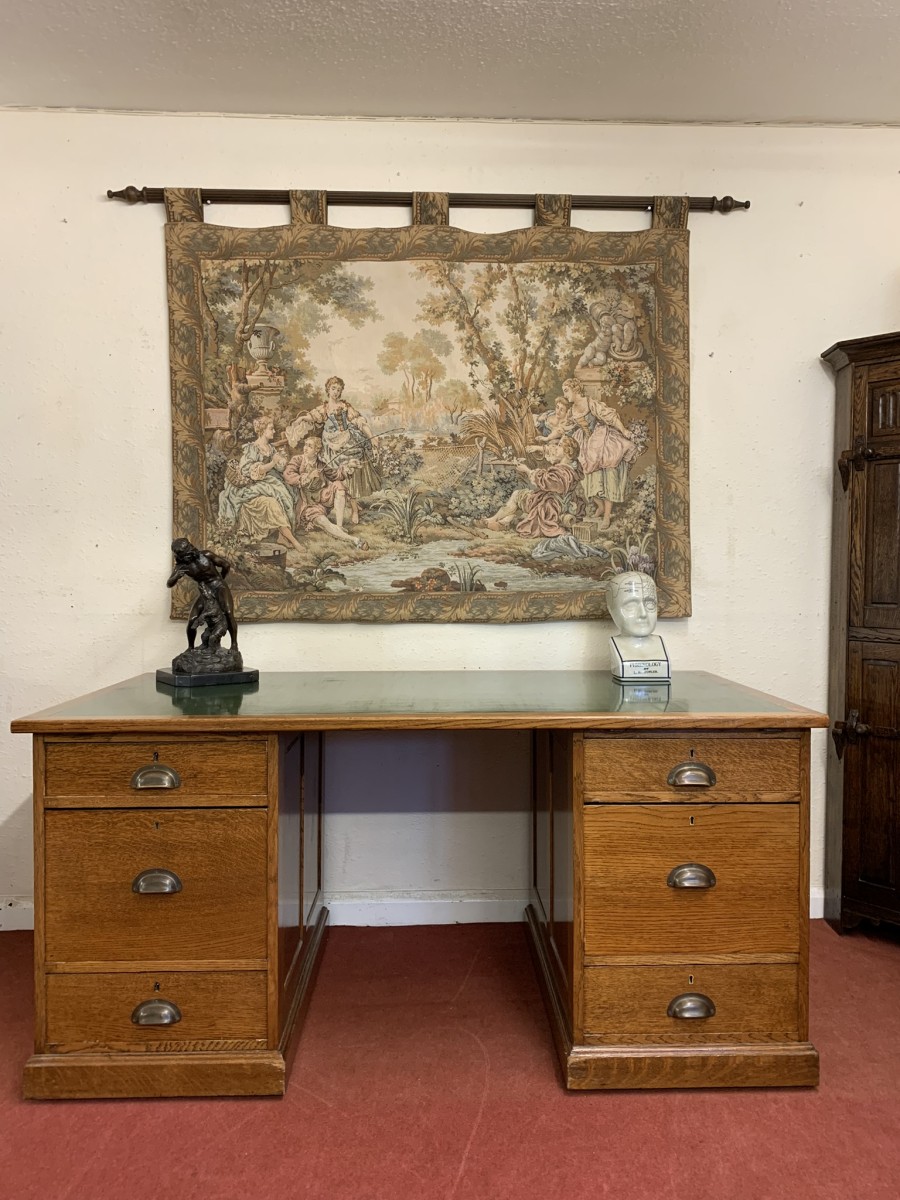 Outstanding Quality Antique Oak Leather Topped Industrial Pedestal Desk