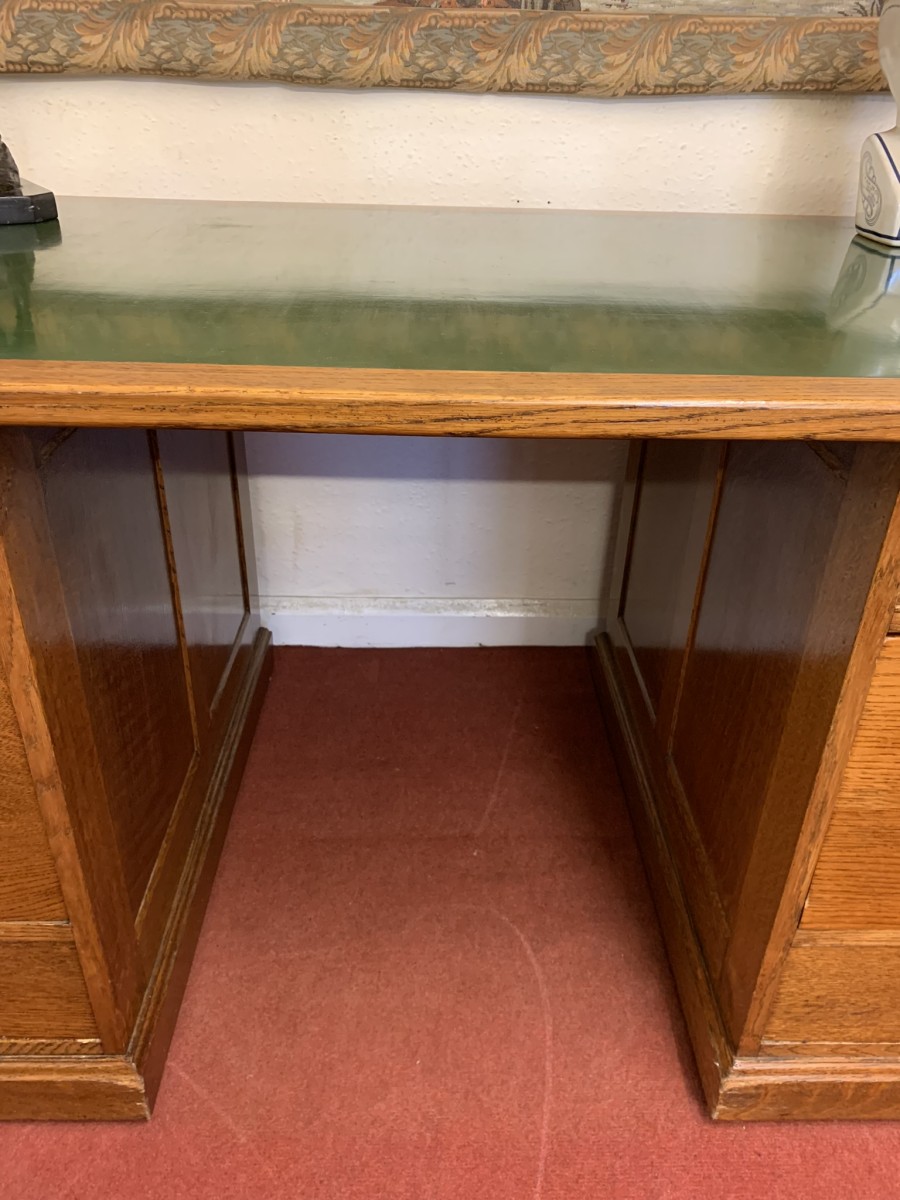 Outstanding Quality Antique Oak Leather Topped Industrial Pedestal Desk - Image 10