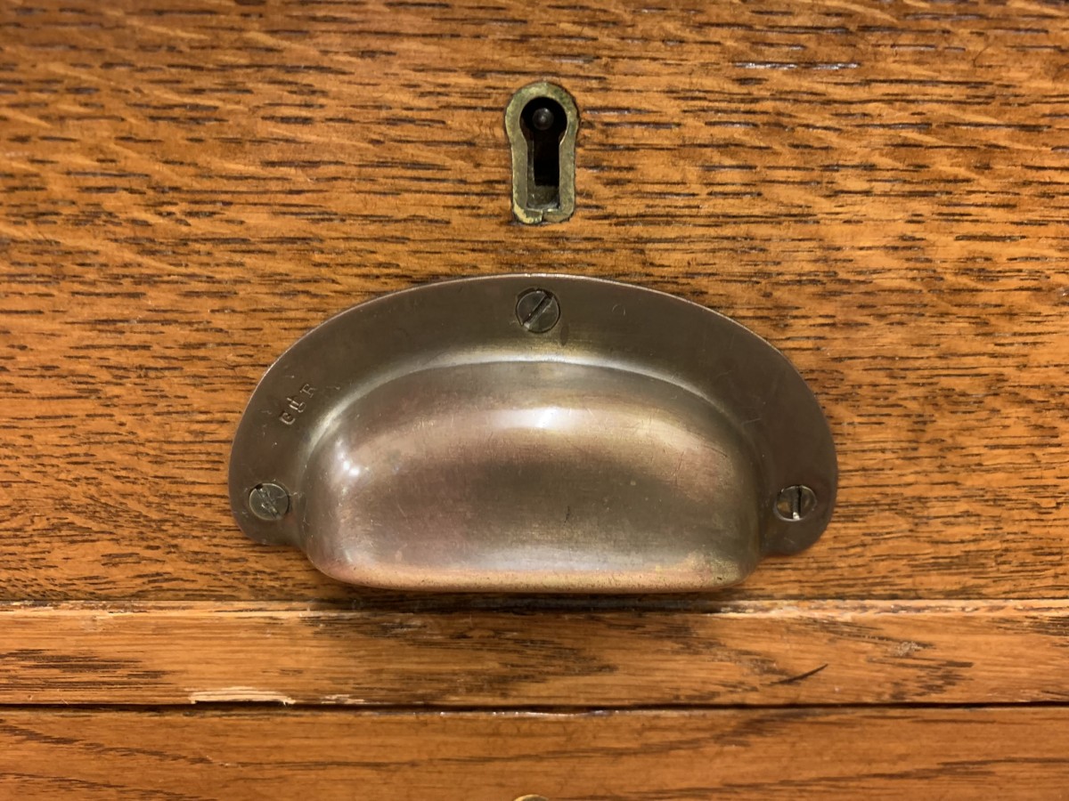 Outstanding Quality Antique Oak Leather Topped Industrial Pedestal Desk - Image 12