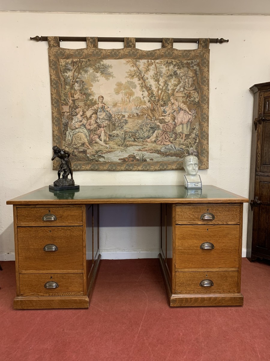 Outstanding Quality Antique Oak Leather Topped Industrial Pedestal Desk - Image 14