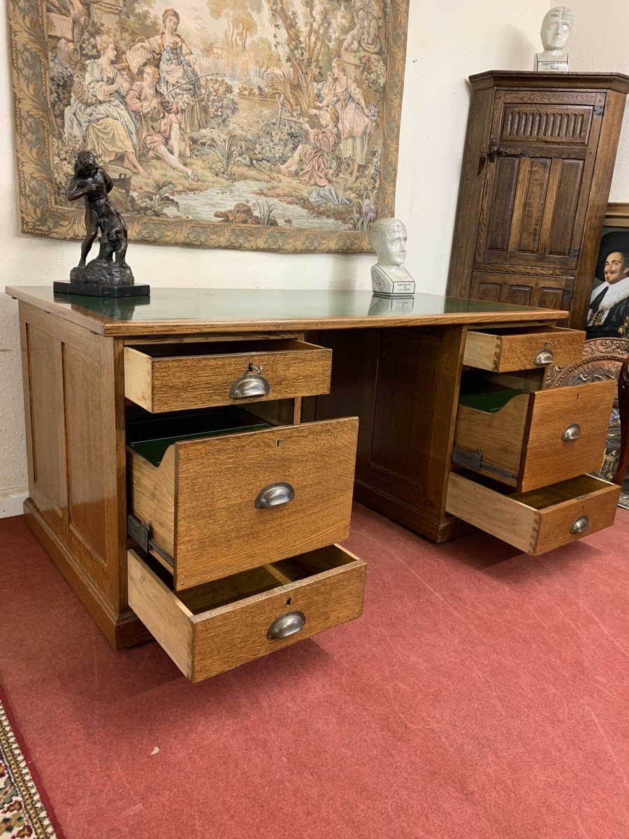 Outstanding Quality Antique Oak Leather Topped Industrial Pedestal Desk - Image 15