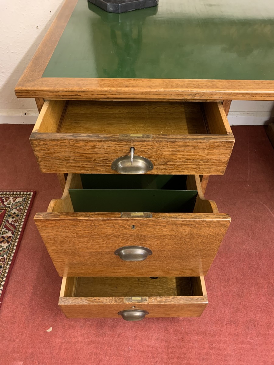 Outstanding Quality Antique Oak Leather Topped Industrial Pedestal Desk - Image 16