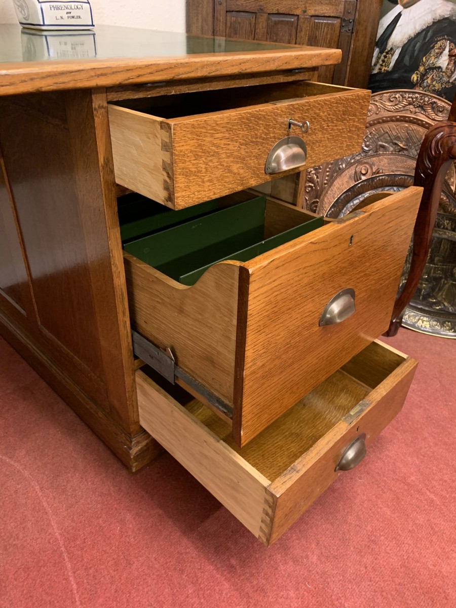 Outstanding Quality Antique Oak Leather Topped Industrial Pedestal Desk - Image 17