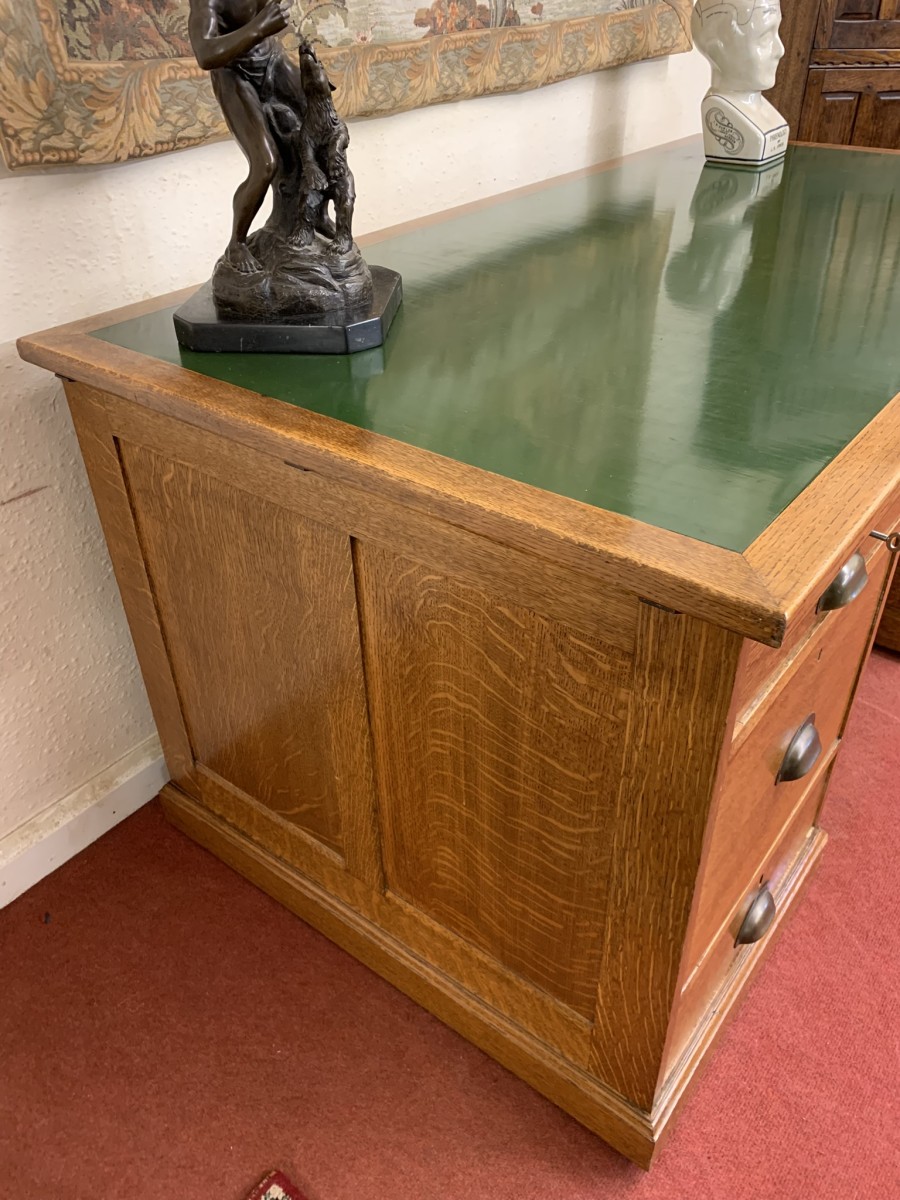 Outstanding Quality Antique Oak Leather Topped Industrial Pedestal Desk - Image 18