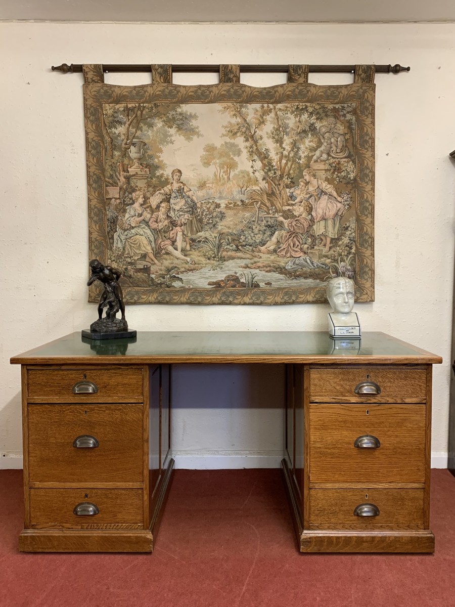 Outstanding Quality Antique Oak Leather Topped Industrial Pedestal Desk - Image 2