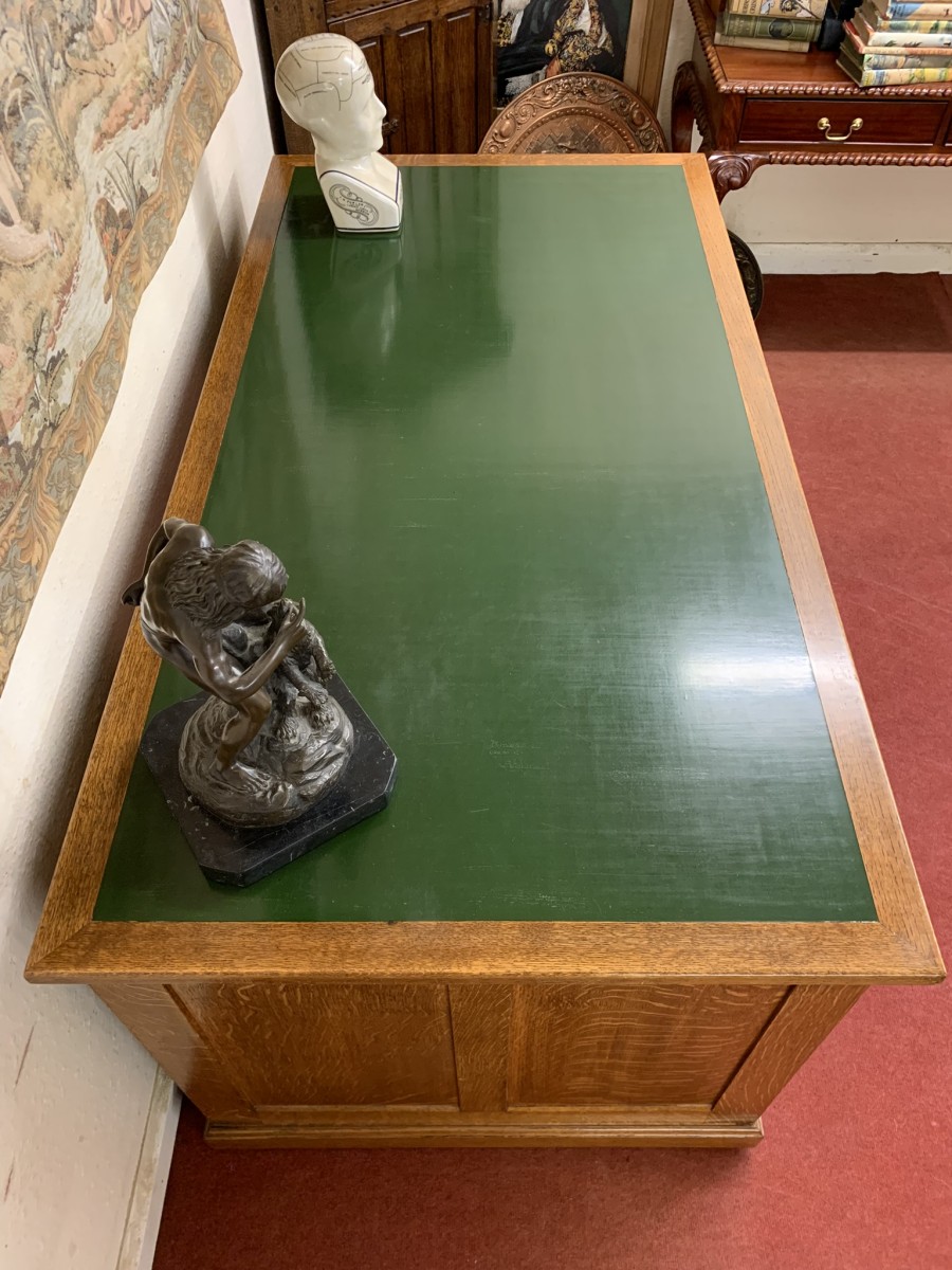Outstanding Quality Antique Oak Leather Topped Industrial Pedestal Desk - Image 20