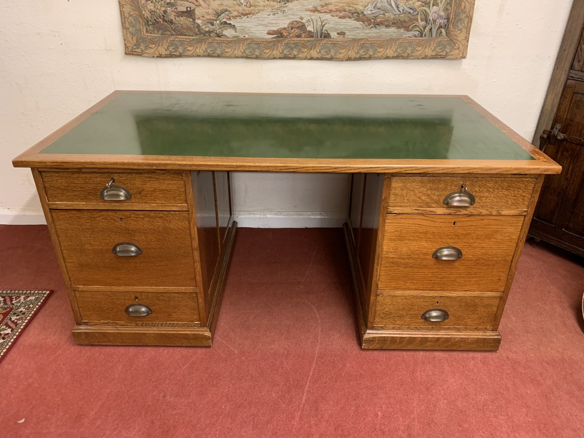 Outstanding Quality Antique Oak Leather Topped Industrial Pedestal Desk - Image 22