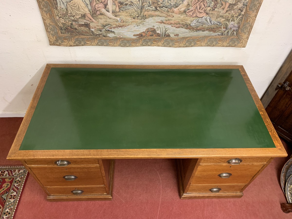 Outstanding Quality Antique Oak Leather Topped Industrial Pedestal Desk - Image 23