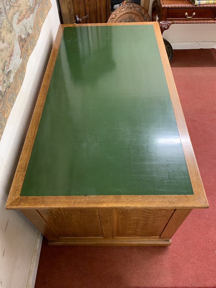 Outstanding Quality Antique Oak Leather Topped Industrial Pedestal Desk - Image 24