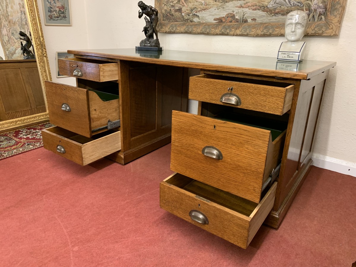 Outstanding Quality Antique Oak Leather Topped Industrial Pedestal Desk - Image 26