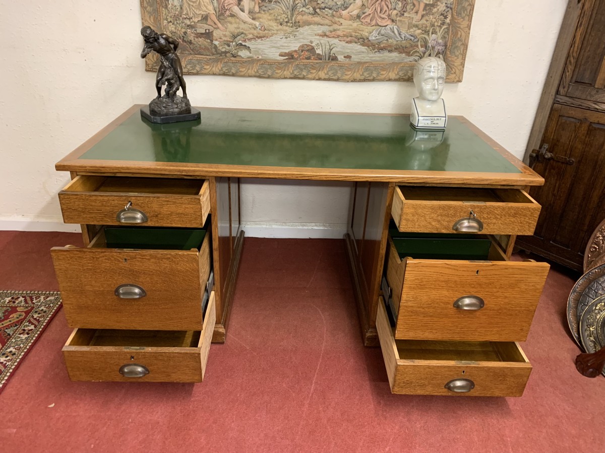 Outstanding Quality Antique Oak Leather Topped Industrial Pedestal Desk - Image 27