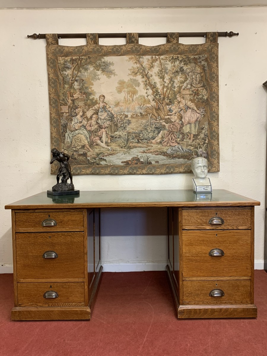 Outstanding Quality Antique Oak Leather Topped Industrial Pedestal Desk - Image 3