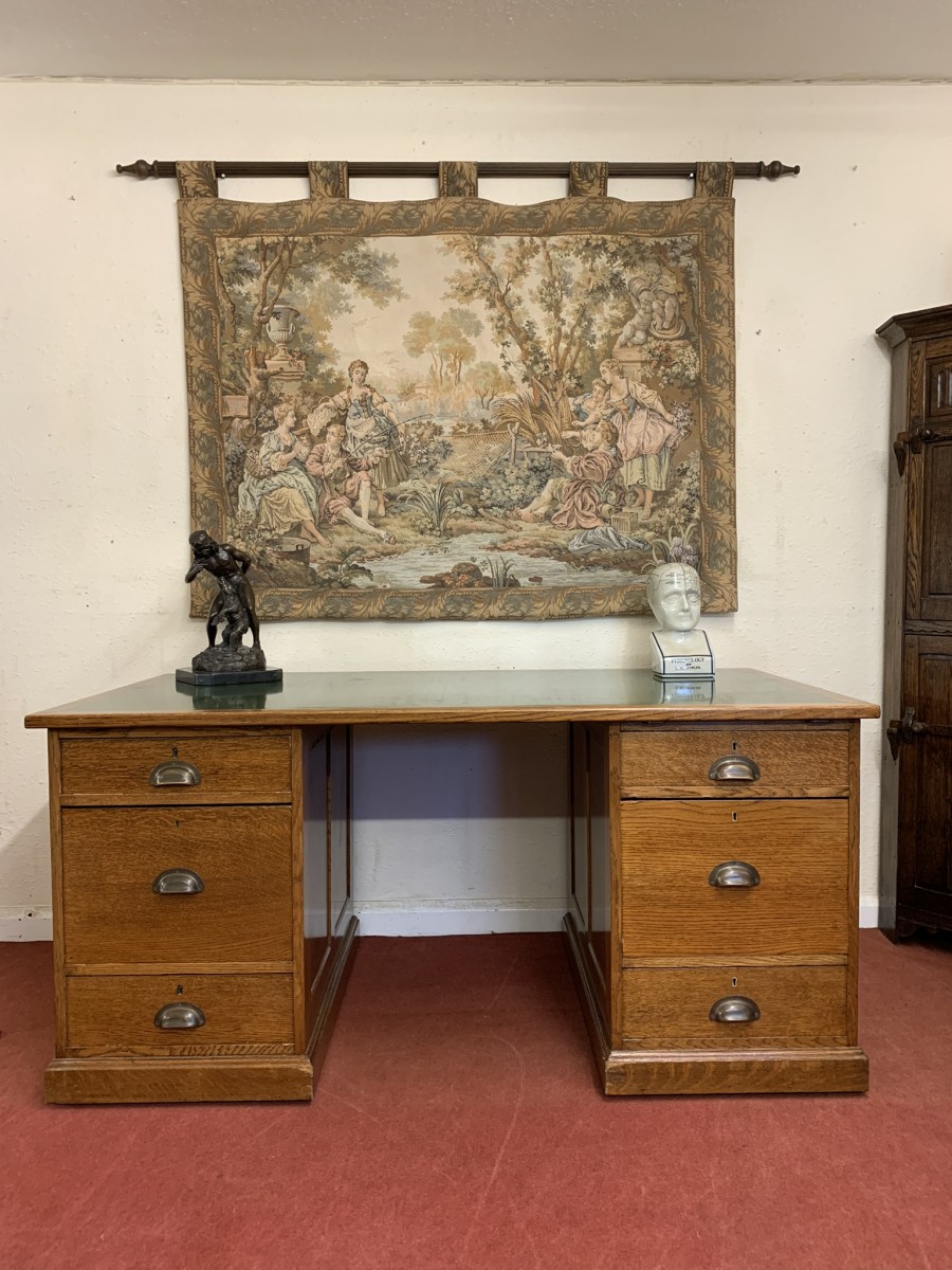 Outstanding Quality Antique Oak Leather Topped Industrial Pedestal Desk - Image 4