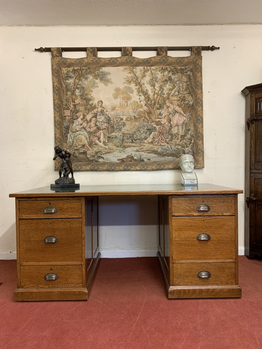 Outstanding Quality Antique Oak Leather Topped Industrial Pedestal Desk - Image 5