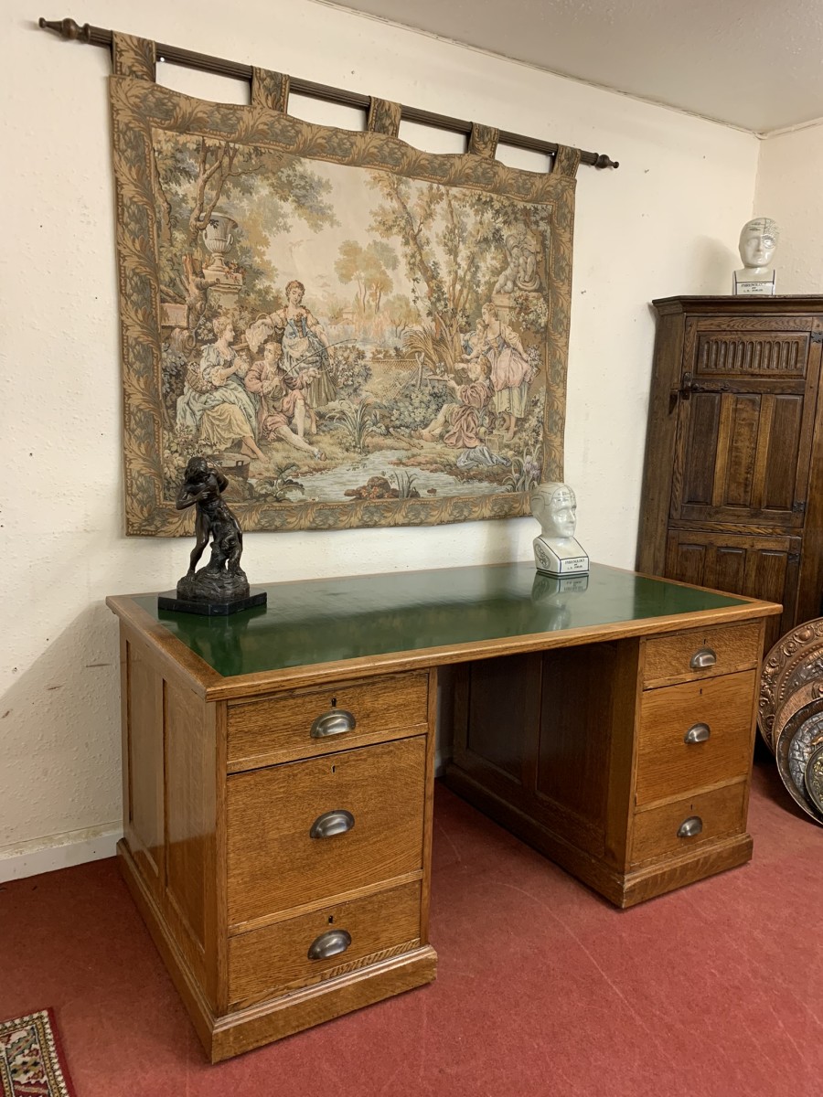 Outstanding Quality Antique Oak Leather Topped Industrial Pedestal Desk - Image 6