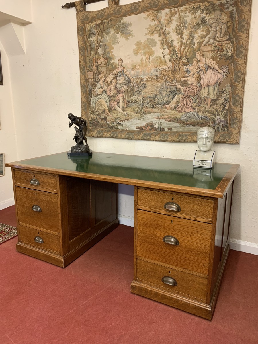 Outstanding Quality Antique Oak Leather Topped Industrial Pedestal Desk - Image 7