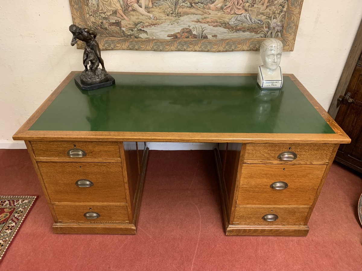 Outstanding Quality Antique Oak Leather Topped Industrial Pedestal Desk - Image 8