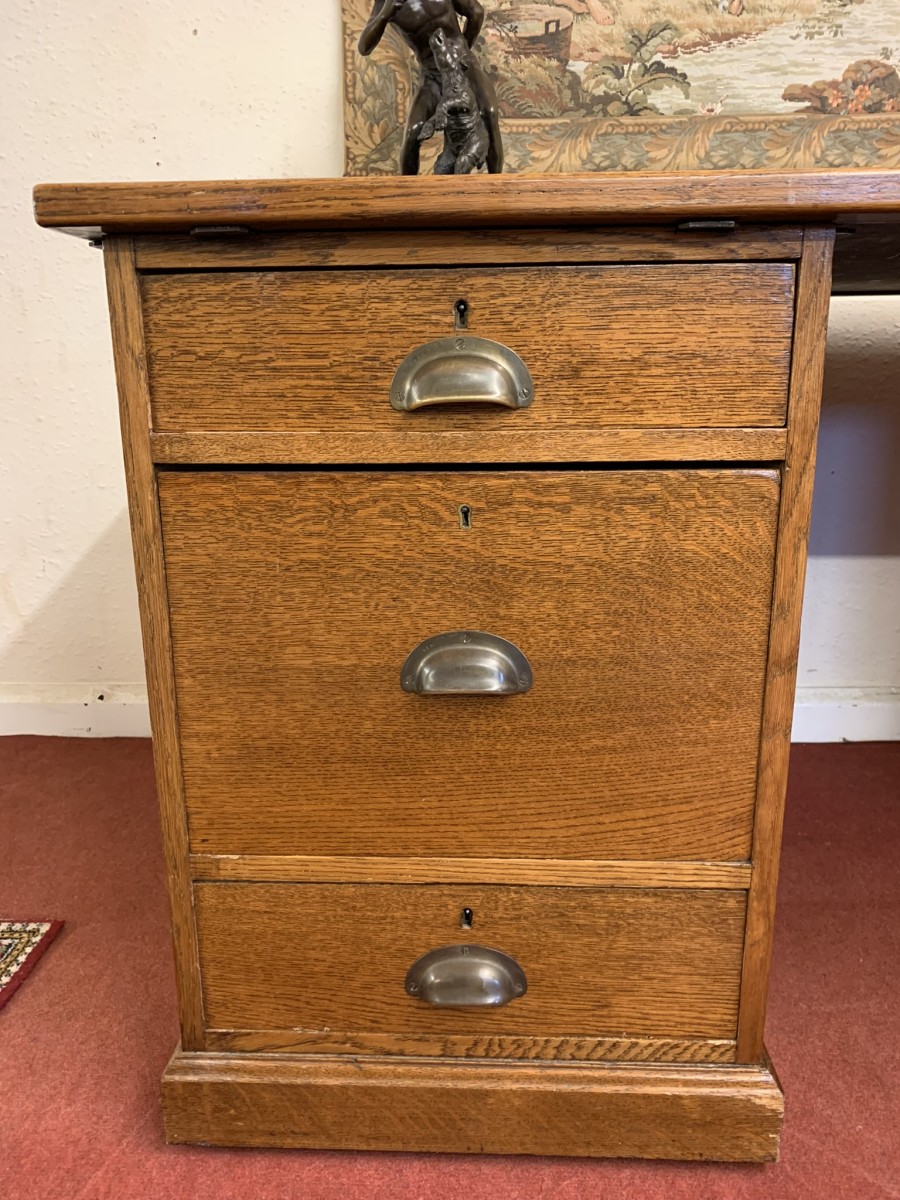 Outstanding Quality Antique Oak Leather Topped Industrial Pedestal Desk - Image 9