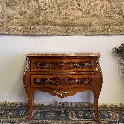 Stunning French Inlaid Walnut Marble Top Bombe Shaped Commode/chest