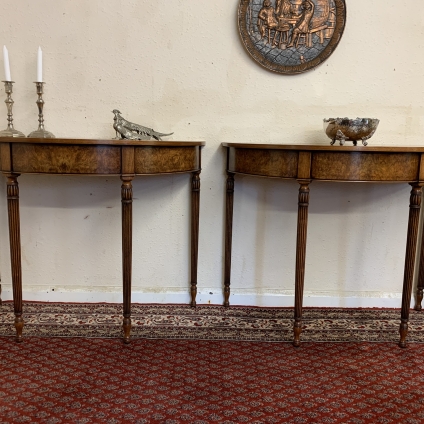 Fabulous Quality Pair Of Burr Walnut Console/demi Lune Tables