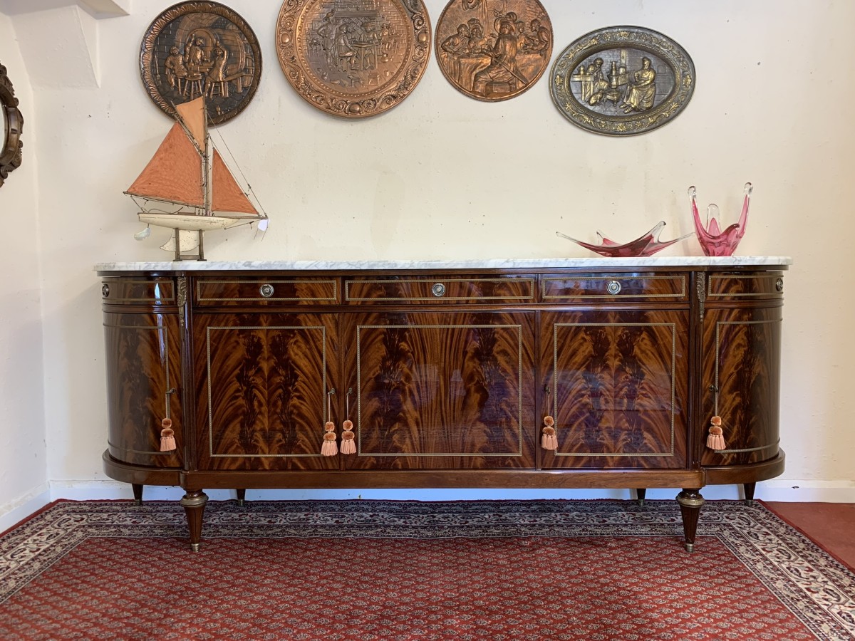Stunning Antique French Neo Classical Shaped Mahogany Marble Top Credenza