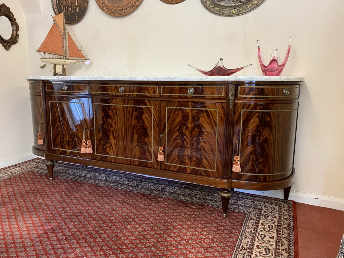 Stunning Antique French Neo Classical Shaped Mahogany Marble Top Credenza - Image 10