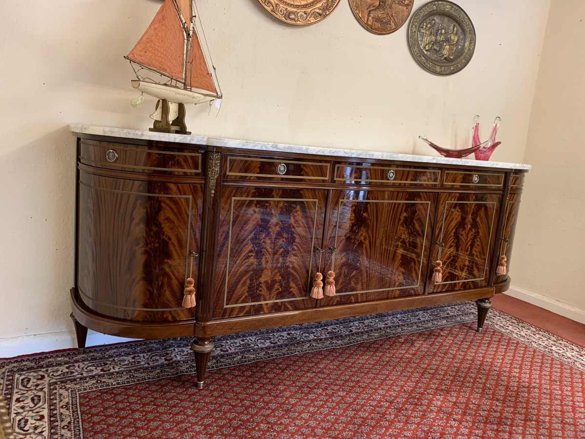 Stunning Antique French Neo Classical Shaped Mahogany Marble Top Credenza - Image 11