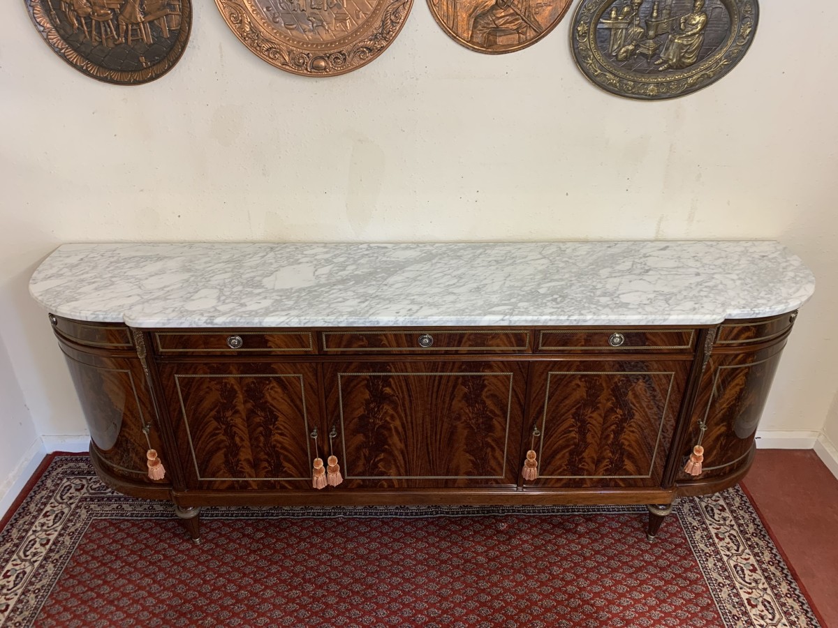 Stunning Antique French Neo Classical Shaped Mahogany Marble Top Credenza - Image 14