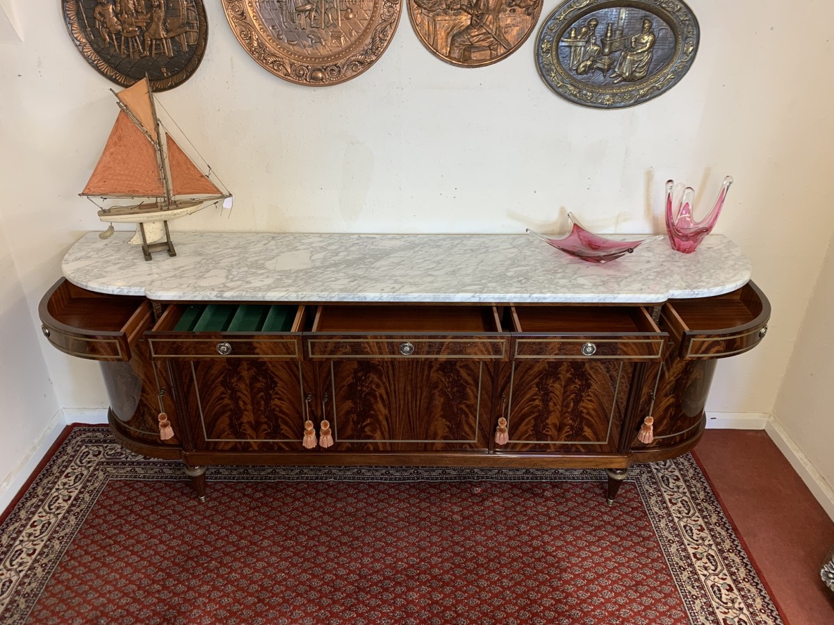 Stunning Antique French Neo Classical Shaped Mahogany Marble Top Credenza - Image 2